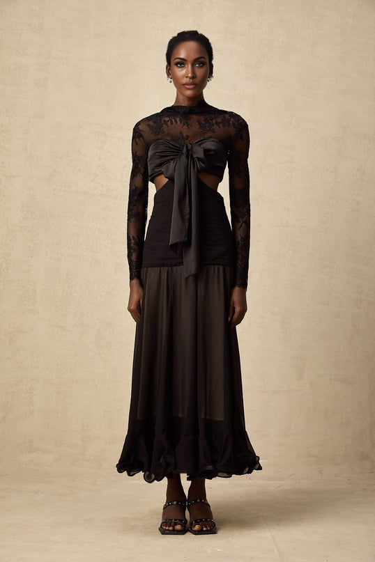 Mariarosa Black Floral Lace Maxi Dress With Oversized Bow
