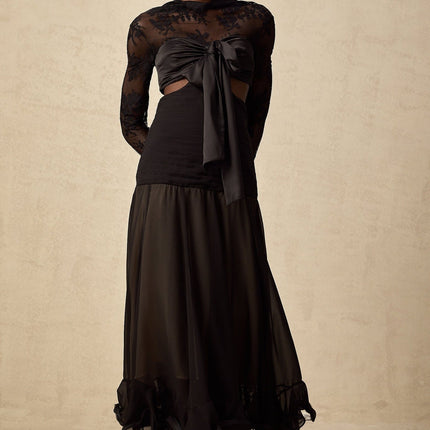 Mariarosa Black Floral Lace Maxi Dress With Oversized Bow