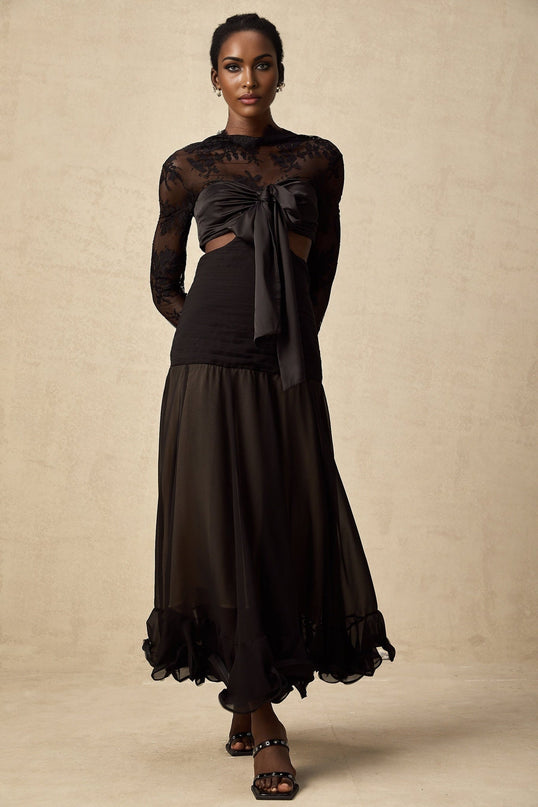 Mariarosa Black Floral Lace Maxi Dress With Oversized Bow