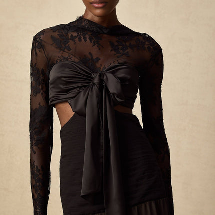 Mariarosa Black Floral Lace Maxi Dress With Oversized Bow