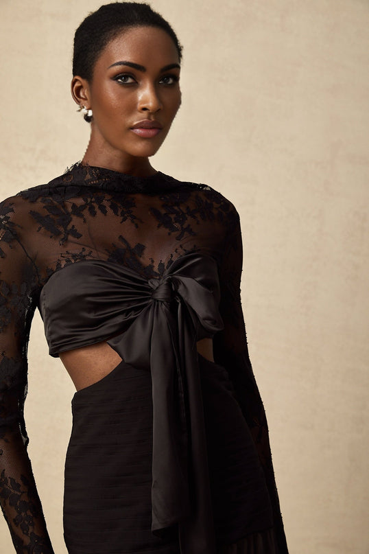 Mariarosa Black Floral Lace Maxi Dress With Oversized Bow