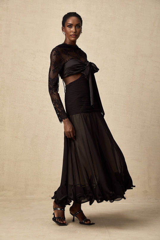 Mariarosa Black Floral Lace Maxi Dress With Oversized Bow