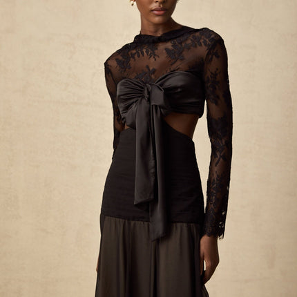 Mariarosa Black Floral Lace Maxi Dress With Oversized Bow