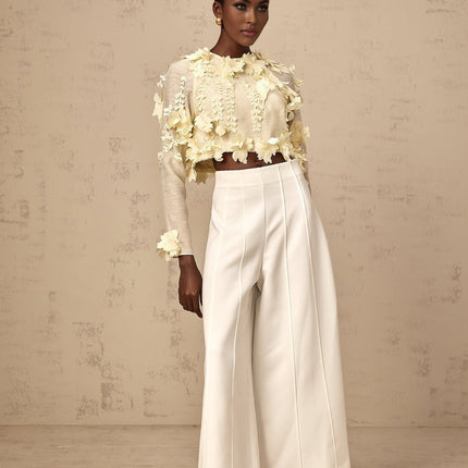 Mariarosa Blouse 3D Petal Cropped Light Yellow Terylene Fiber Round Neck Long Sleeves Cropped Silhouette Rear Zip Fastening Luxurious Craftsmanship Sophistication Statement Piece Fashion Forward