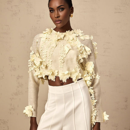 Mariarosa Blouse 3D Petal Cropped Light Yellow Terylene Fiber Round Neck Long Sleeves Rear Zip Fastening Chic Silhouette