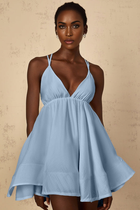 Mariarosa Blue Mini Dress V-neck shirred effect asymmetrical flounce hem self-tie cross-over straps Tencel Terylene fiber slip-on style thigh length high-low silhouette chic modern look