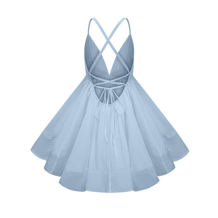 Mariarosa Blue Mini Dress V-neck shirred effect asymmetrical flounce hem self-tie cross-over straps Tencel Terylene fiber high-low silhouette