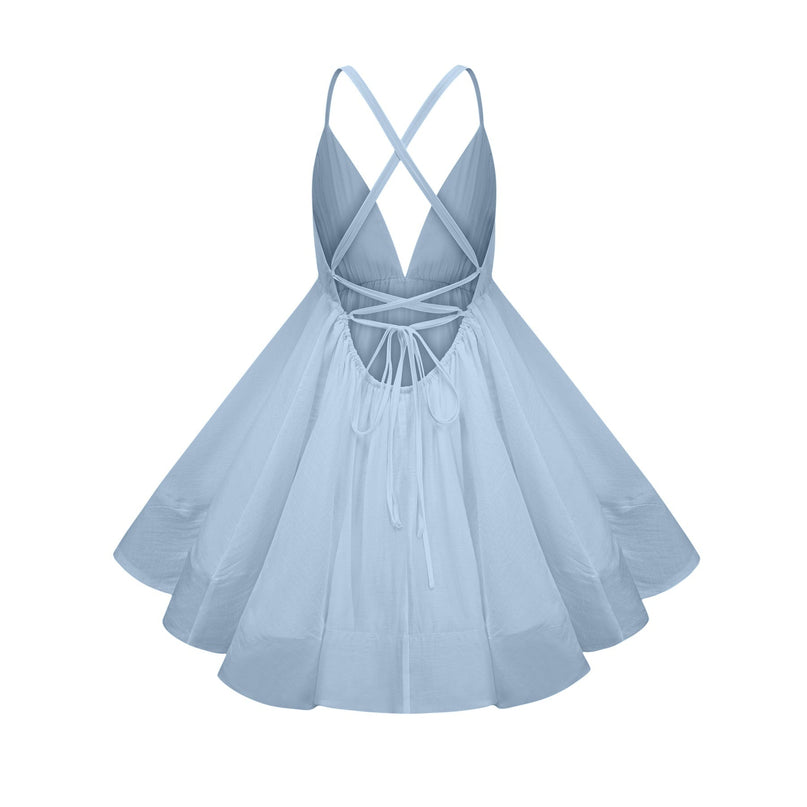Mariarosa Blue Mini Dress V-neck shirred effect asymmetrical flounce hem self-tie cross-over straps Tencel Terylene fiber high-low silhouette