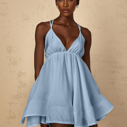 Mariarosa Blue Mini Dress with V-neck and shirred effect in Tencel and Terylene fiber