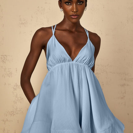 Mariarosa Blue Mini Dress with V-neck and shirred effect, asymmetrical flounce hem, and self-tie cross-over straps in Tencel and Terylene blend fabric