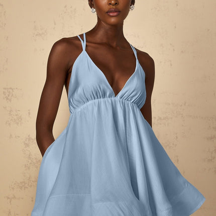 Mariarosa Blue Mini Dress V-neck shirred asymmetrical flounce hem self-tie cross-over straps Tencel Terylene fiber slip-on thigh length high-low silhouette