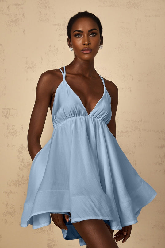 Mariarosa Blue Mini Dress V-neck shirred asymmetrical flounce hem self-tie cross-over straps Tencel Terylene fiber slip-on thigh length high-low silhouette