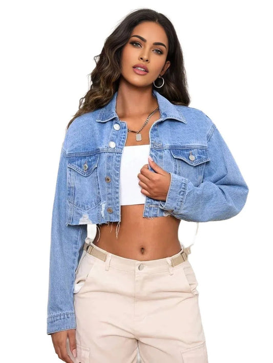 Mariarosa Cropped Denim Jacket with Distressed Hem Fashion in Blue - ONE SIZE