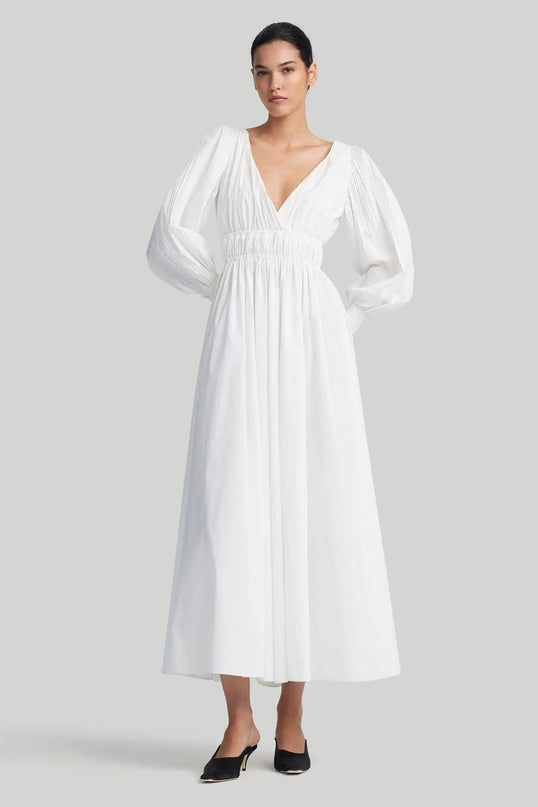 Mariarosa White Dress V-neckline natural waist mid-calf length Italian-made synthetic fibers cotton office meetings special events flattering silhouette lightweight stretch elegance grace