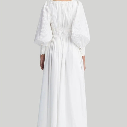 Mariarosa White Dress Italian-made V-neckline natural waist mid-calf length classic style lightweight stretch elegance grace