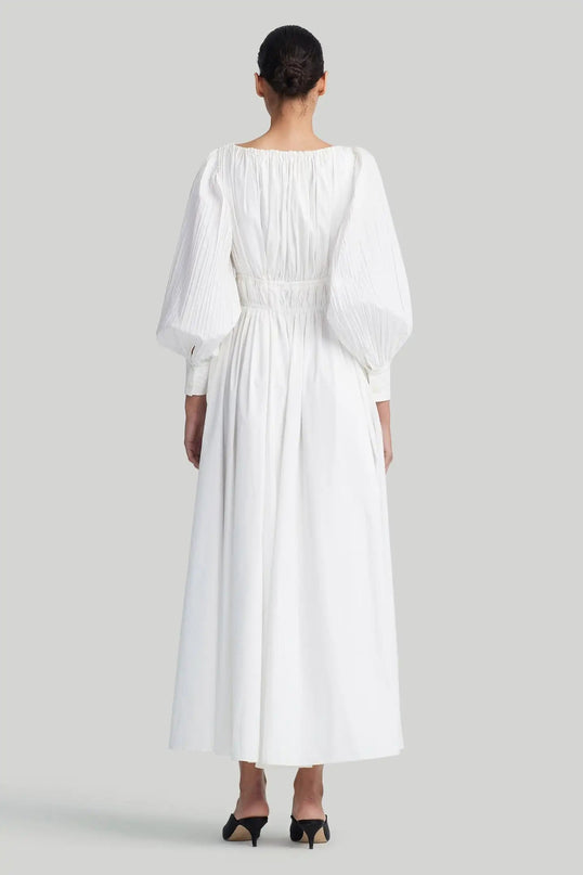 Mariarosa White Dress Italian-made V-neckline natural waist mid-calf length classic style lightweight stretch elegance grace