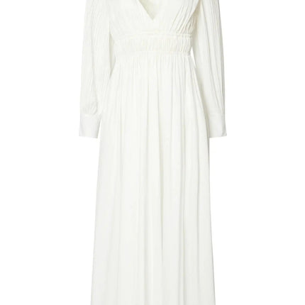 Mariarosa White Dress Italian-made V-neckline natural waist mid-calf length flattering silhouette lightweight stretch elegance grace timeless charm sophistication