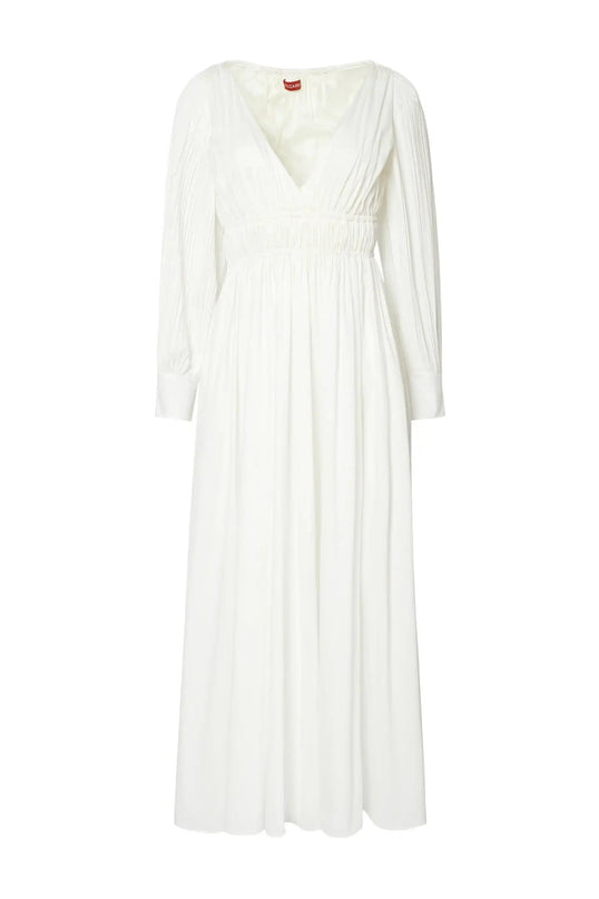 Mariarosa White Dress Italian-made V-neckline natural waist mid-calf length flattering silhouette lightweight stretch elegance grace timeless charm sophistication