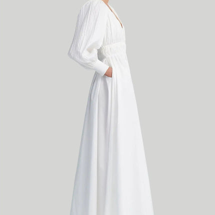 Mariarosa White Dress V-neckline natural waist mid-calf length Italian-made elegant