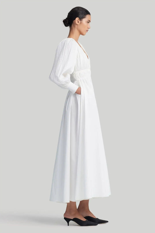 Mariarosa White Dress V-neckline natural waist mid-calf length Italian-made elegant
