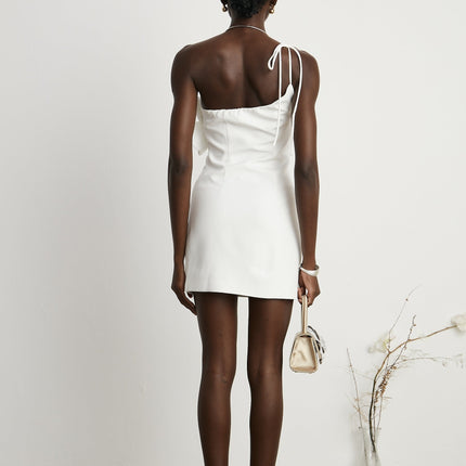 Mariarosa White Mini Dress with Faux-Flower Detailing and Asymmetric Silhouette