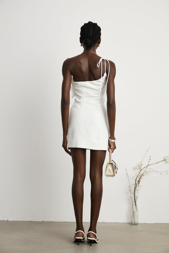 Mariarosa White Mini Dress with Faux-Flower Detailing and Asymmetric Silhouette