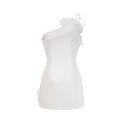 Mariarosa White Mini Dress with Faux-Flower Detailing and Asymmetric Silhouette
