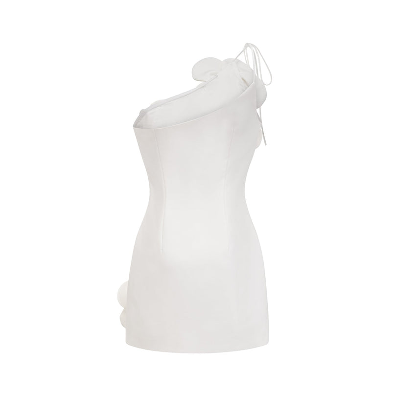 Mariarosa White Mini Dress with Faux-Flower Detailing and Asymmetric Silhouette