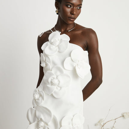 Mariarosa White Mini Dress with Faux-Flower Detailing and Asymmetric Silhouette
