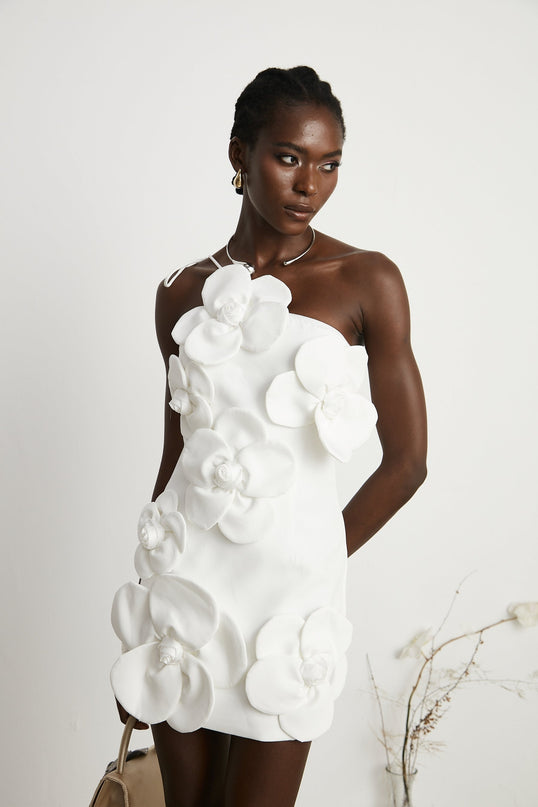 Mariarosa White Mini Dress with Faux-Flower Detailing and Asymmetric Silhouette