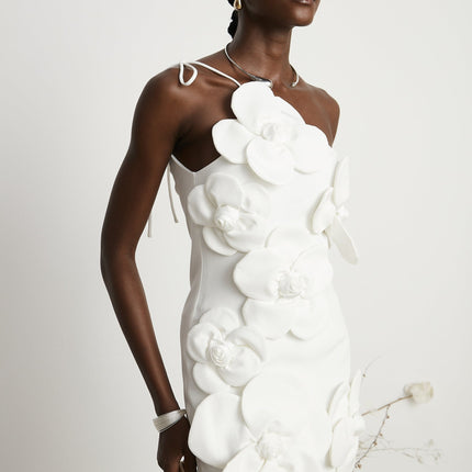 Mariarosa White Mini Dress with Faux-Flower Detailing Polyester Blend Sleeveless Asymmetric Tie and Zip Fastening