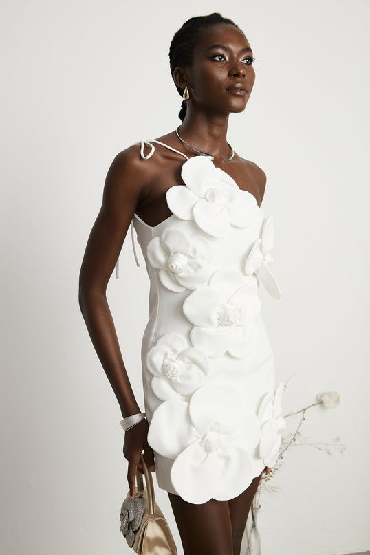 Mariarosa White Mini Dress with Faux-Flower Detailing Polyester Blend Sleeveless Asymmetric Tie and Zip Fastening
