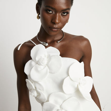 Mariarosa White Mini Dress with Faux-Flower Detailing and Tie Fastening