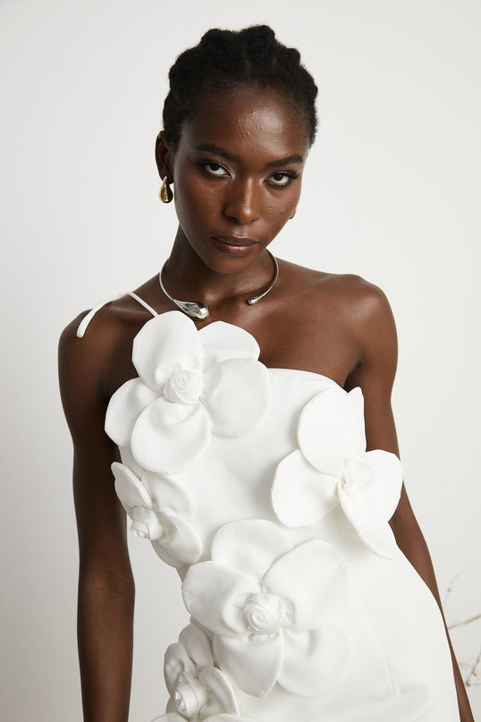 Mariarosa White Mini Dress with Faux-Flower Detailing and Tie Fastening