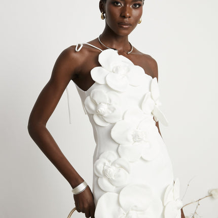 Mariarosa White Mini Dress Mariarosa Sleeveless Asymmetric Faux-Flower Detailing Tie Side Zip Thigh-Length 100% Polyester
