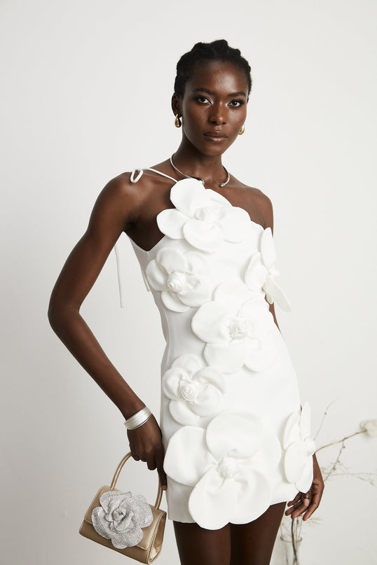 Mariarosa White Mini Dress Mariarosa Sleeveless Asymmetric Faux-Flower Detailing Tie Side Zip Thigh-Length 100% Polyester