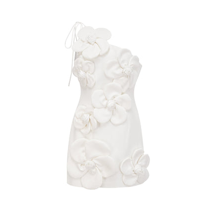 Mariarosa White Mini Dress with Faux-Flower Detailing and Asymmetric Silhouette