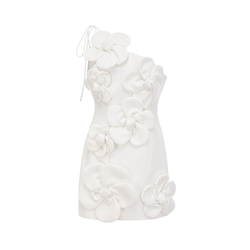 Mariarosa White Mini Dress with Faux-Flower Detailing and Asymmetric Silhouette