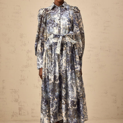 Mariateresa Blue Floral Midi Dress with Long Puff Sleeves and Self-Tie Design