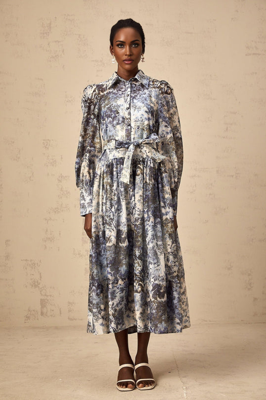 Mariateresa Blue Floral Midi Dress with Long Puff Sleeves and Self-Tie Design