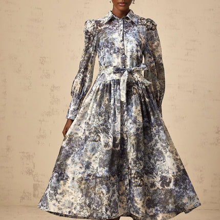 Mariateresa Blue Floral Midi Dress with Long Puff Sleeves and Self-Tie Design