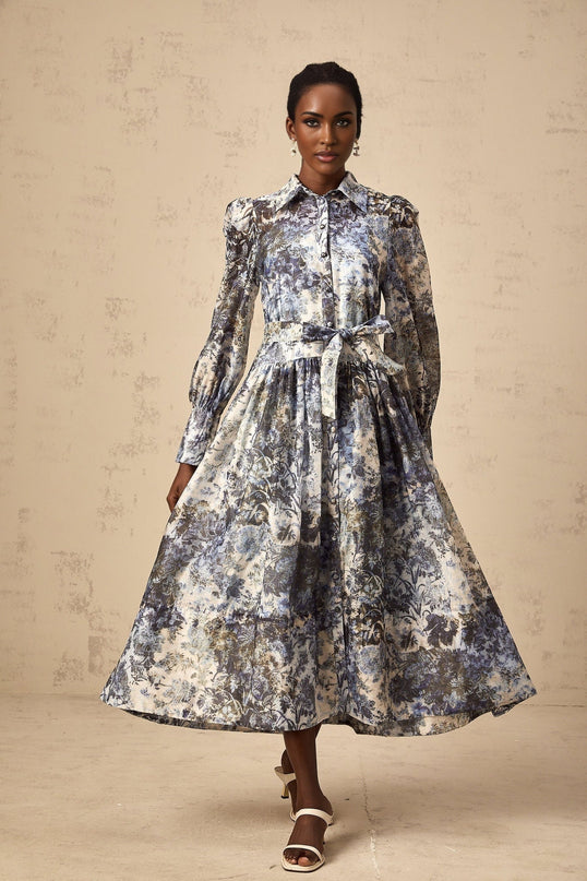 Mariateresa Blue Floral Midi Dress with Long Puff Sleeves and Self-Tie Design