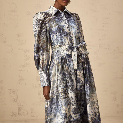 Mariateresa Blue Floral Midi Dress with Long Puff Sleeves and Self-Tie Design