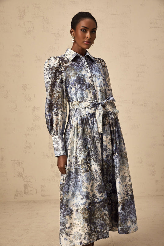 Mariateresa Blue Floral Midi Dress with Long Puff Sleeves and Self-Tie Design
