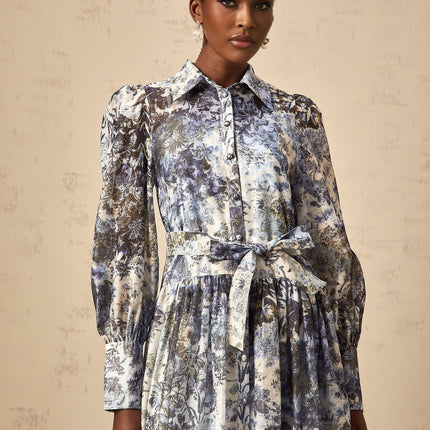 Mariateresa Blue Floral Midi Dress with Long Puff Sleeves and Self-Tie Design