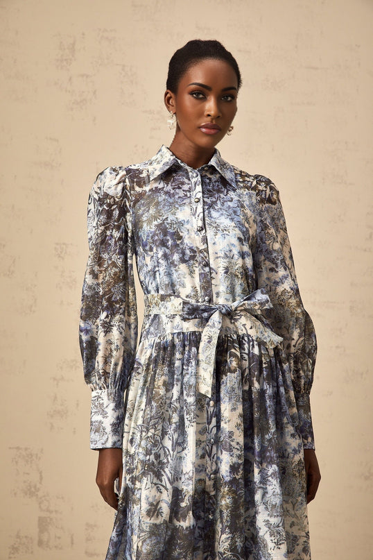 Mariateresa Blue Floral Midi Dress with Long Puff Sleeves and Self-Tie Design