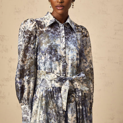 Mariateresa Blue Floral Midi Dress with Long Puff Sleeves and Self-Tie Design