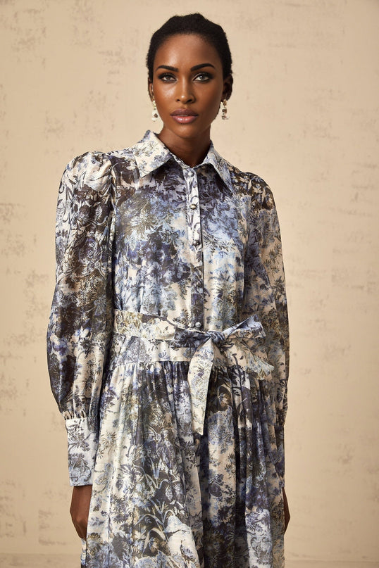 Mariateresa Blue Floral Midi Dress with Long Puff Sleeves and Self-Tie Design