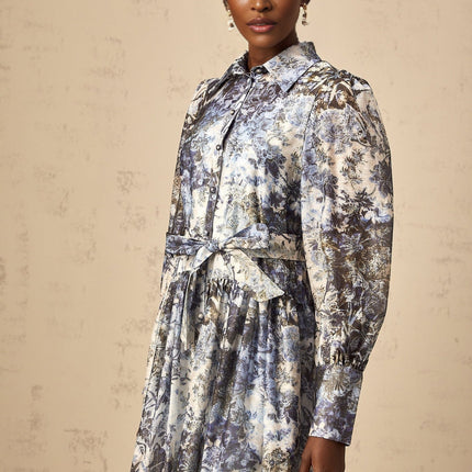 Mariateresa Blue Floral Midi Dress Long Puff Sleeves Self-Tie Design Cotton Polyamide Elastane Classic Collar Buttoned Cuffs Pleated Detailing Calf-Length Coordinating Internal Slip Belt Loops Front Button Fastening Feminine Modern Style