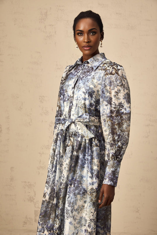 Mariateresa Blue Floral Midi Dress Long Puff Sleeves Self-Tie Design Cotton Polyamide Elastane Classic Collar Buttoned Cuffs Pleated Detailing Calf-Length Coordinating Internal Slip Belt Loops Front Button Fastening Feminine Modern Style